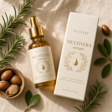 Oliesse Multivera serum dropper bottle flat lay